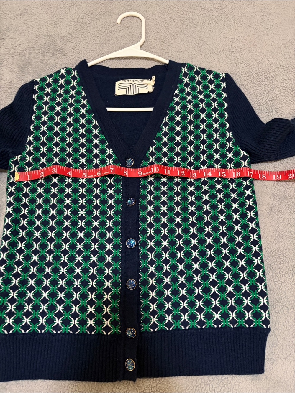 Tory Sport Navy Cardigan with Green & White Geometric Front - Picture 5 of 7